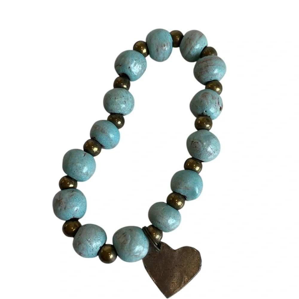 Inspirational Copper Love Stamped And Heart Blue Glass Beaded Charm Bracelets - Picture 2 of 4